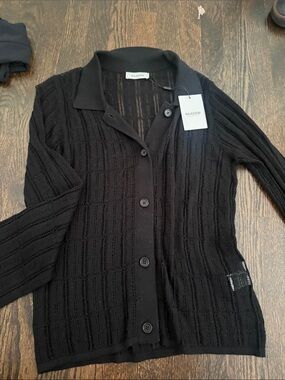NAADAM Black Open-Weave Button-Front Women's Cardigan